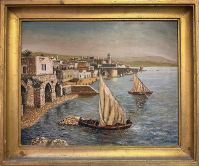 a picture of a painting of a boat in the water