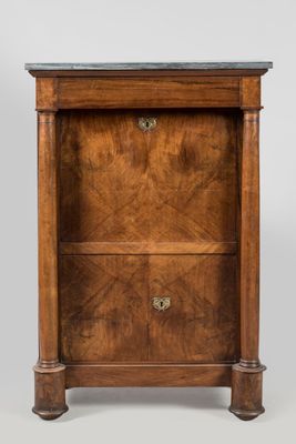 a wooden cabinet with two drawers and a marble top