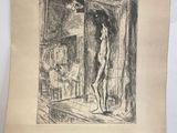 un dessin en noir et blanc représentant une femme debout devant une fenêtre