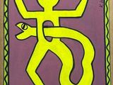a painting of a yellow man with a snake on a purple background