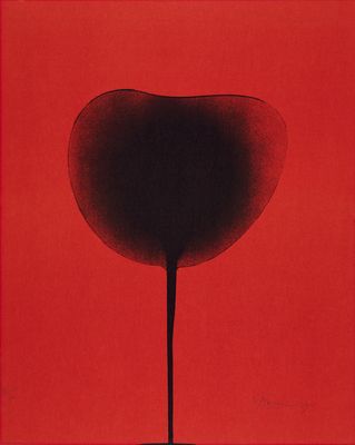 a black and red painting of a flower on a red background