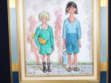 a painting of two children standing next to each other on a easel