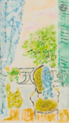 drawing of a chair in front of a window with a view of the outside