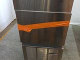 a stainless steel refrigerator with an orange stripe on the side