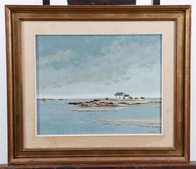 an oil painting of a lighthouse on a small island in the ocean