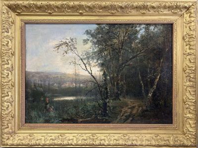 tableau représentant un paysage avec une rivière et des arbres, dans un cadre doré