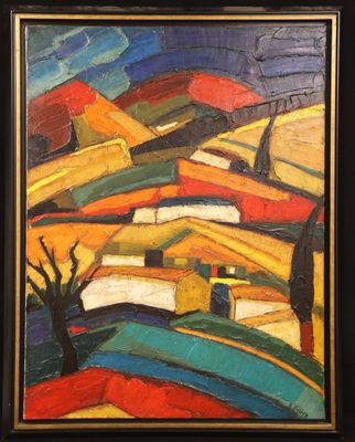 an oil painting of a landscape with a tree in the foreground