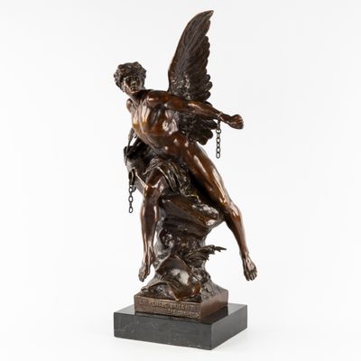 une image représentant une statue en bronze d'un homme tenant un oiseau