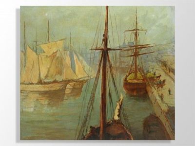 un tableau représentant des bateaux sur l'eau près d'un quai