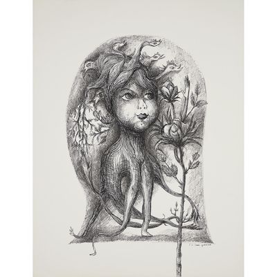 a black and white drawing of a woman holding a flower