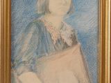 portrait of a woman with a basket of flowers in a gold frame