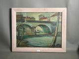 an oil painting of a bridge over a river with buildings in the background