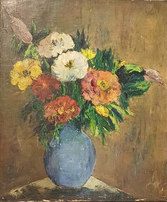 une peinture de fleurs dans un vase bleu sur une table