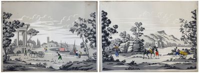 deux photos d'un tableau représentant des personnes à cheval dans un champ