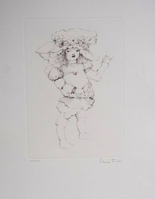 a drawing of a woman with a hat on her head