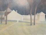 an image of a painting of houses and trees in a field