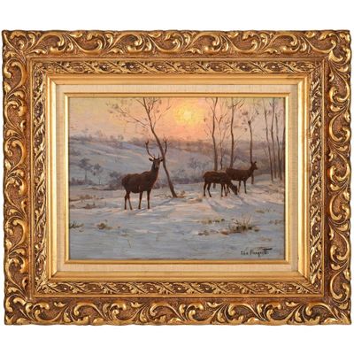 tableau représentant deux cerfs dans un paysage enneigé, avec le soleil couchant en arrière-plan