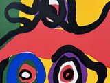 abstract painting of a red, yellow, blue, green and black face