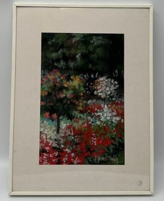 tableau représentant un jardin avec des fleurs et des arbres, dans un cadre blanc