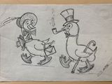 drawing of a duck and a duckling on a piece of paper with a man in a top hat