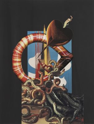 une image représentant un tableau sur lequel figurent une pieuvre et un homme coiffé d'un chapeau
