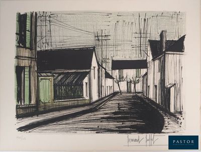 dessin représentant une scène de rue avec des bâtiments et un lampadaire
