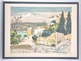 painting of a view of a village with a river in the foreground