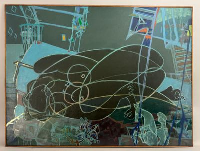 a painting on the wall of a room with a painting on the wall