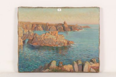 an oil painting of a rocky coast with a lighthouse in the distance