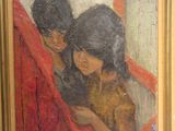 painting of two children looking out of a window in a room