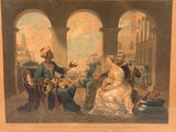 an old painting of a man and a woman sitting on a bench