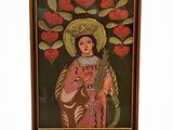 painting of a woman holding a bunch of flowers in her right hand