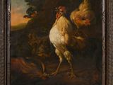 an oil painting of a rooster and chickens in a wooded setting