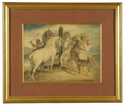 tableau représentant un groupe d'hommes à cheval dans un paysage désertique