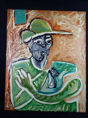a painting of a man wearing a hat and holding a cell phone