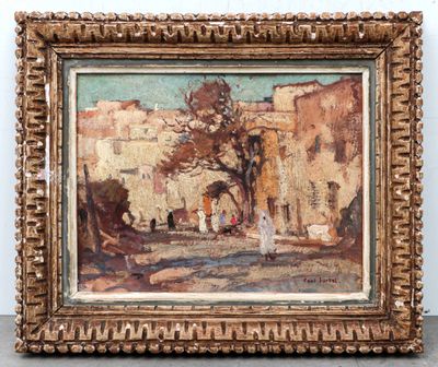 an oil painting of a street scene with people and a horse