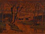 peinture représentant un paysage avec des arbres et un ruisseau au premier plan