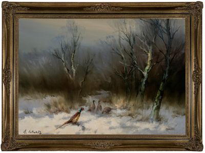 une peinture à l'huile représentant des faisans dans la neige, avec des arbres en arrière-plan