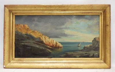 an oil painting of a sailboat in the water near a rocky coast
