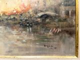 an oil painting of a bridge over a body of water with buildings in the background