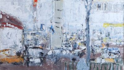 un tableau représentant un homme marchant dans la rue avec un parapluie
