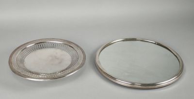 two silver plated trays with a mirror on top of them