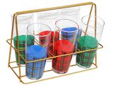 four glasses in a gold holder on a white background