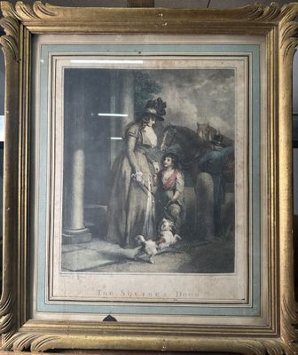 an old picture of a woman and child with a dog in a room