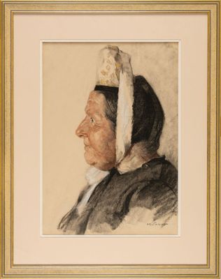 a painting of an old woman with a white headband