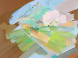 une peinture abstraite représentant une fleur verte et jaune sur un fond marron