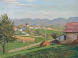 an image of a painting of a farm scene with a windmill in the distance