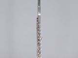a silver flute on a clear stand against a gray background