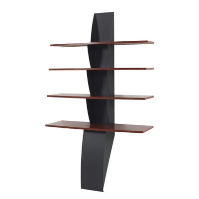 une étagère noire et marron comportant trois tablettes de chaque côté