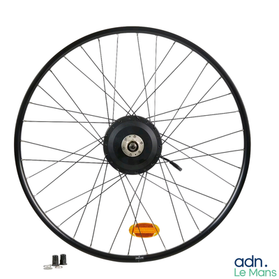 a black bicycle wheel with a yellow sticker on it